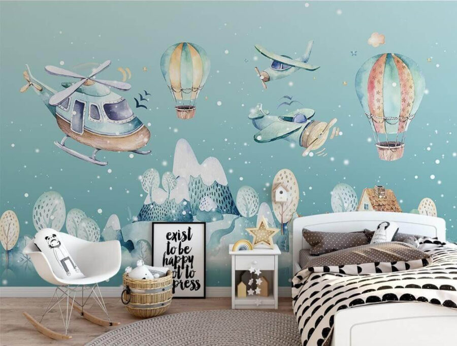 Watercolor illustration of a helicopter and hot air balloons