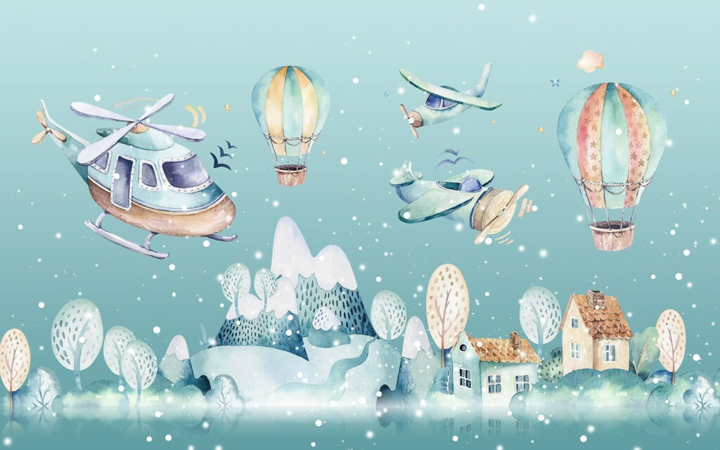 Watercolor illustration of a helicopter and hot air balloons Watercolor illustration of a helicopter and hot air balloons