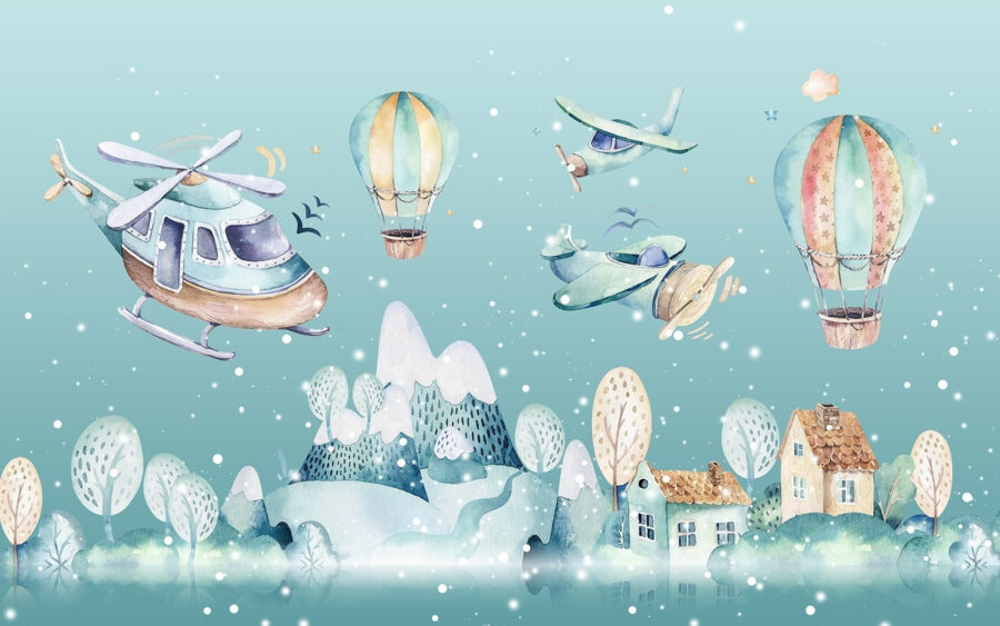 Watercolor illustration of a helicopter and hot air balloons