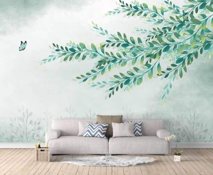 Wall murals Green leaves on a branch