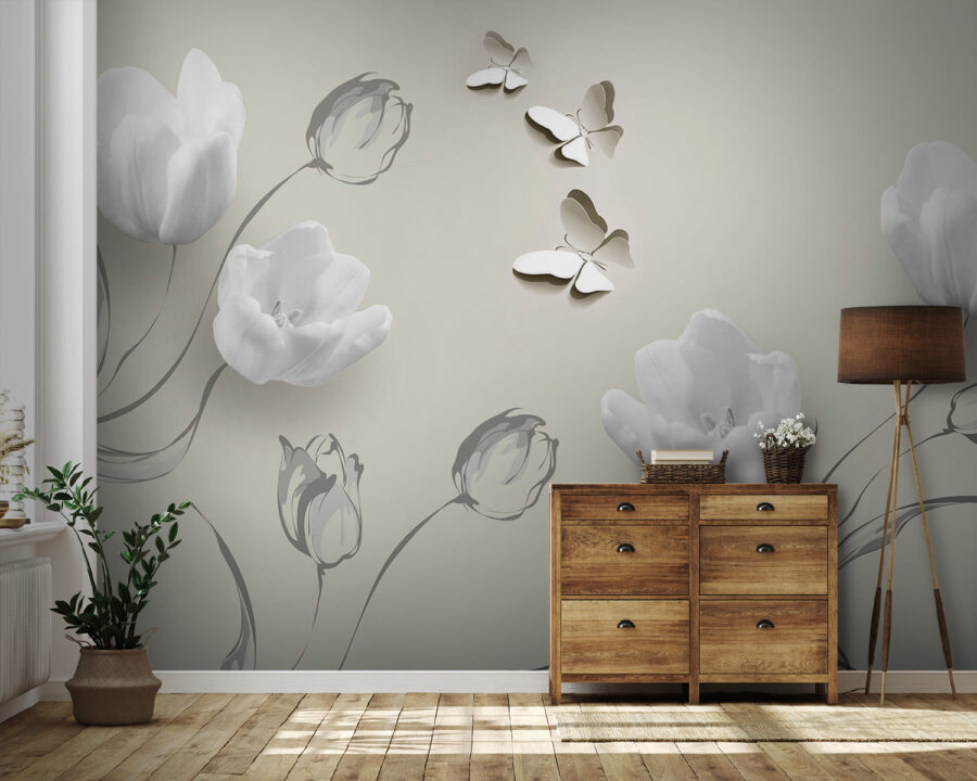 White flowers and butterflies