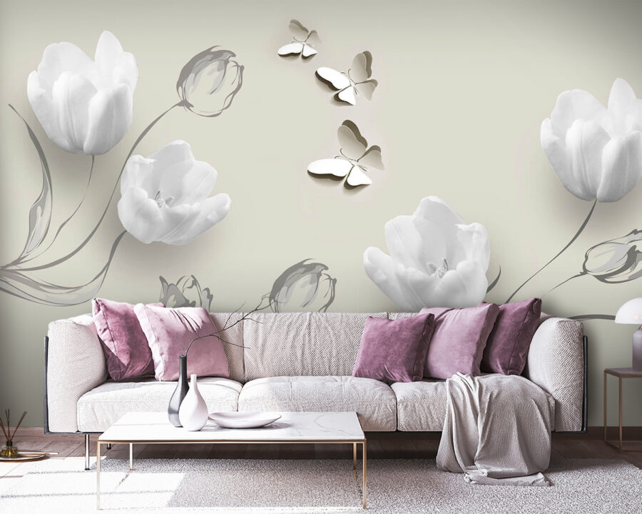 White flowers and butterflies