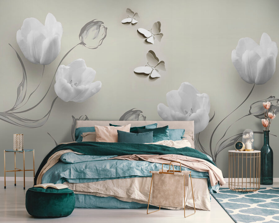 White flowers and butterflies