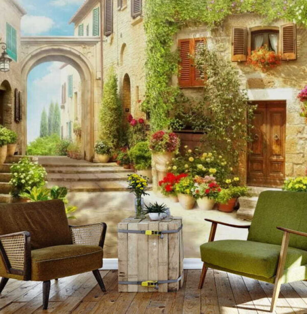 Stone building with a door and a doorway with plants in pots Stone building with a door and a doorway with plants in pots