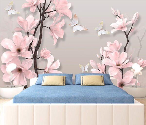 Pink flowers and butterflies on a tree Pink flowers and butterflies on a tree