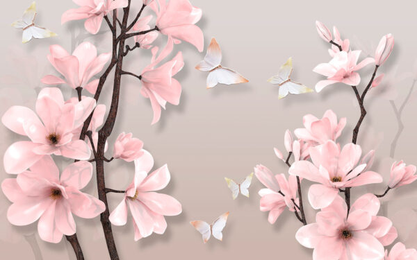 Pink flowers and butterflies on a tree Pink flowers and butterflies on a tree