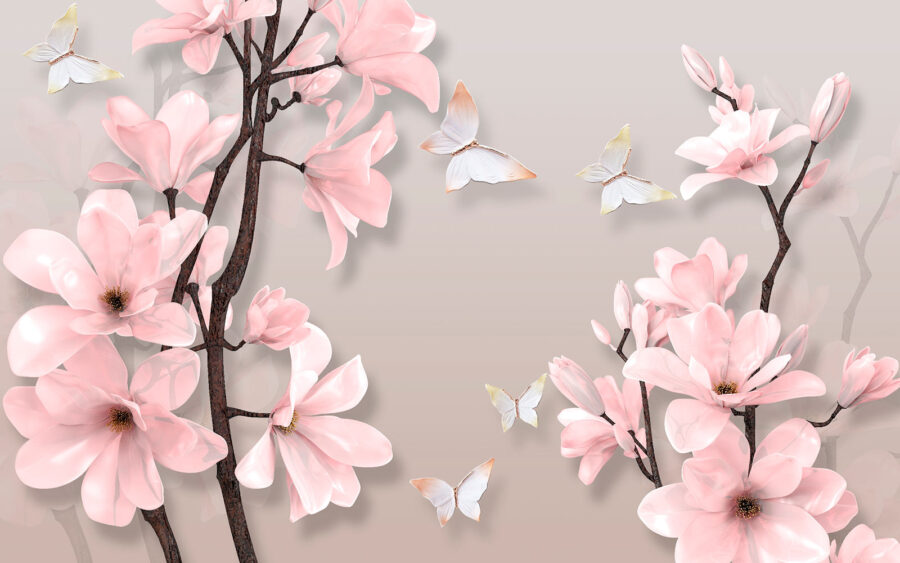 Pink flowers and butterflies on a tree