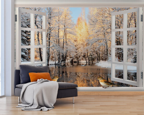 Window with birds looking out of a lake Window with birds looking out of a lake
