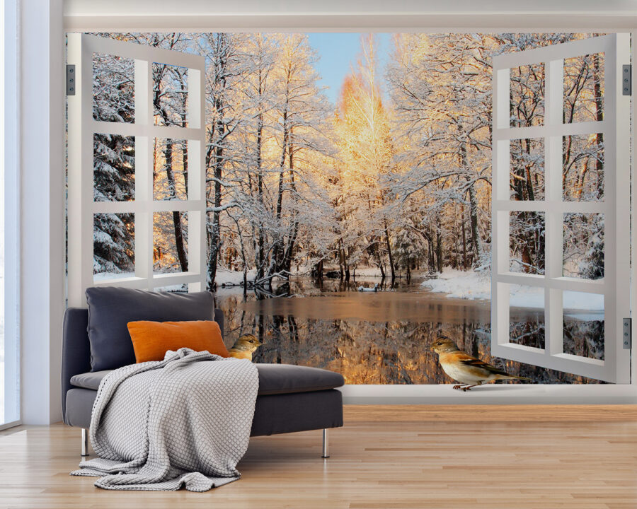 Window with birds looking out of a lake Window with birds looking out of a lake
