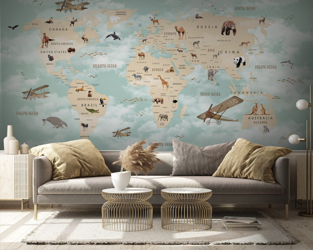 Map of the world with animals