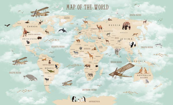 Map of the world with animals
