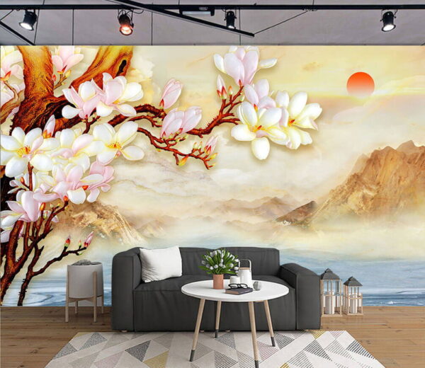 Wall murals Painting of a branch with flowers and mountains in the background (SKU: u25029) Wall murals Wall murals Painting of a branch with flowers and mountains in the background (SKU: u25029)