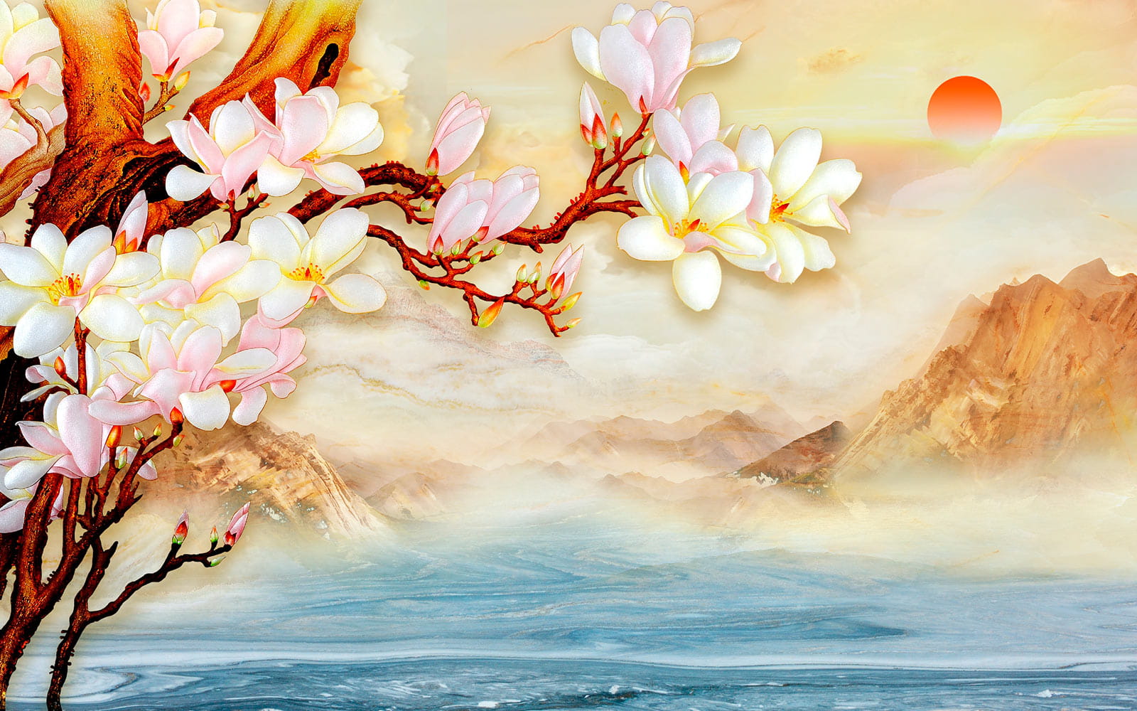 Painting of a branch with flowers and mountains in the background u25029p - Painting of a branch with flowers and mountains in the background - tegory
