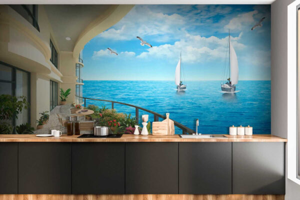 Balcony with a view of the ocean and boats Balcony with a view of the ocean and boats