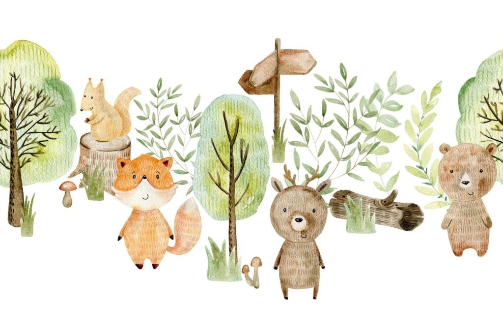 Watercolor illustration of animals and trees Watercolor illustration of animals and trees