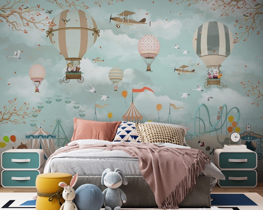 Circus tent with hot air balloons and birds