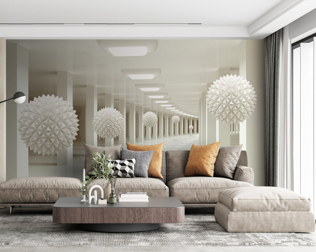 White room with white balls from the ceiling