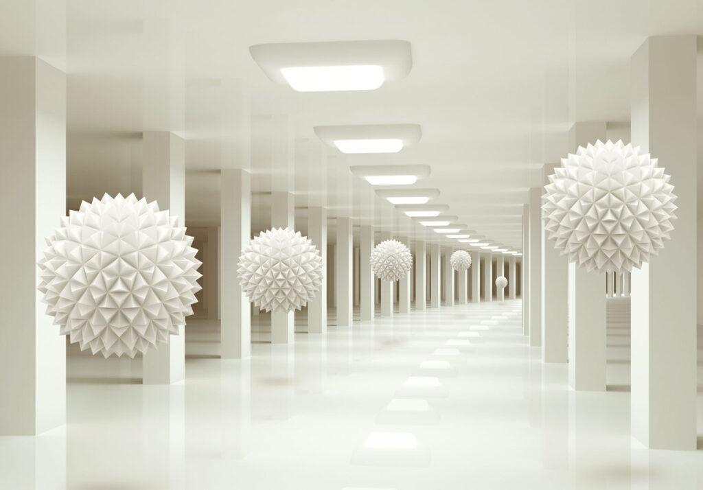 White room with white balls from the ceiling White room with white balls from the ceiling