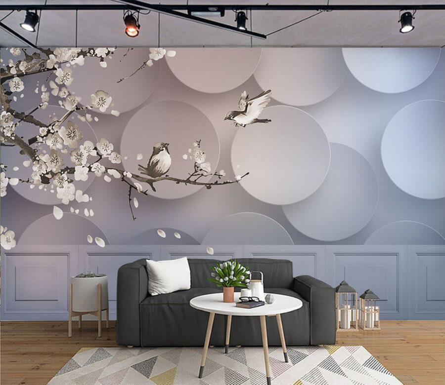 Wall mural of birds on a branch with white circles and white circles