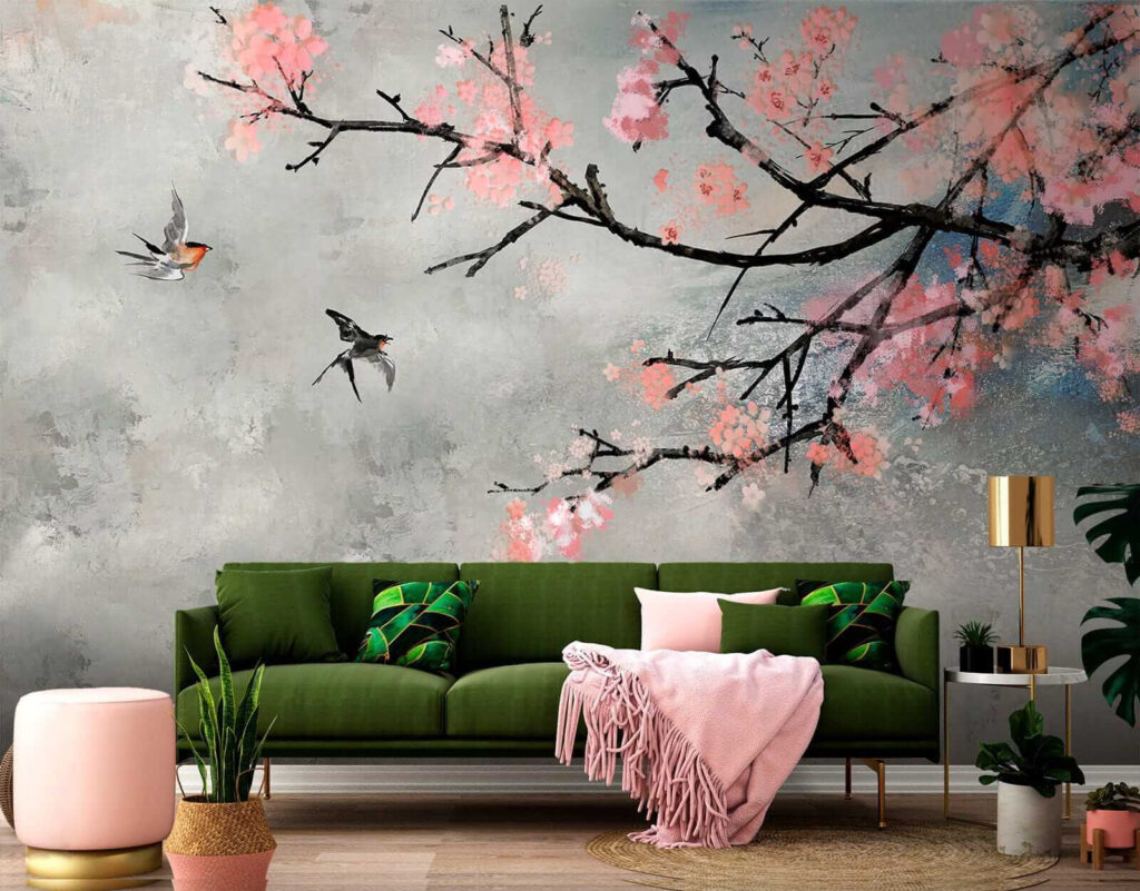 Tree branch with pink flowers and birds flying Tree branch with pink flowers and birds flying