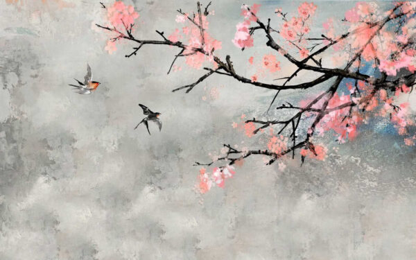 Tree branch with pink flowers and birds flying Tree branch with pink flowers and birds flying