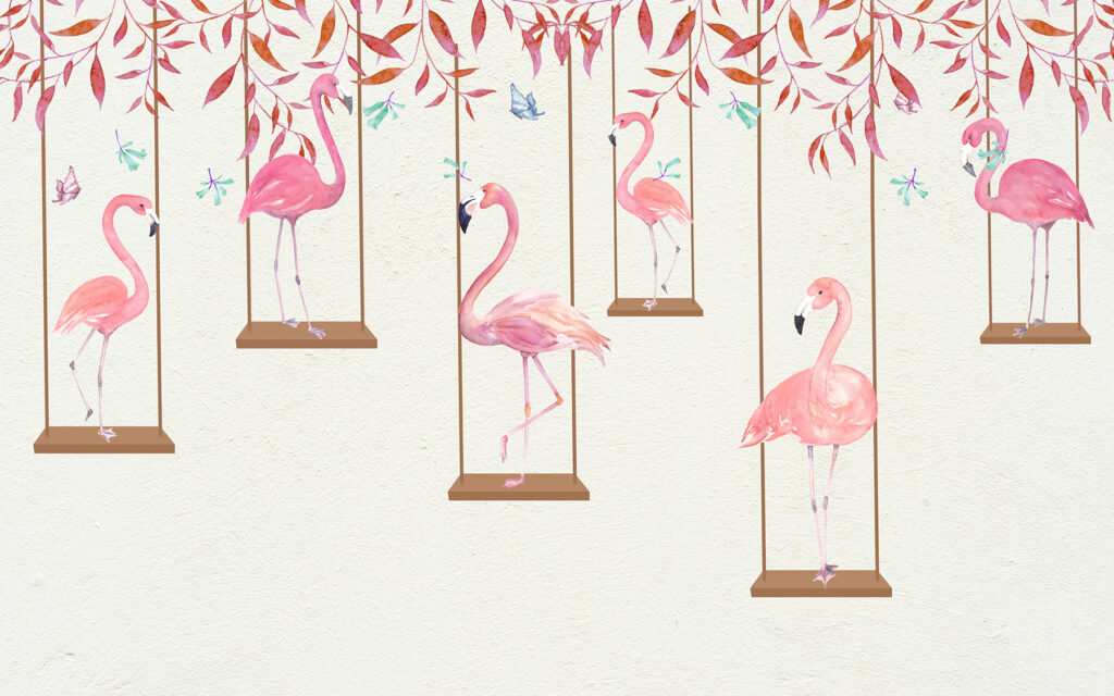 Group of flamingos on swings Group of flamingos on swings