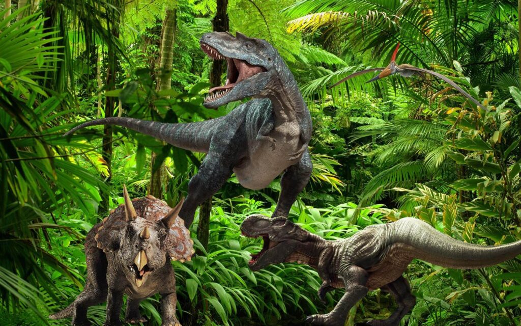 Group of dinosaurs in a forest Group of dinosaurs in a forest