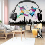 Wall murals Couple of people jumping in the air with headphones