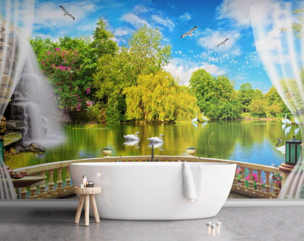 View of a pond with birds and trees View of a pond with birds and trees