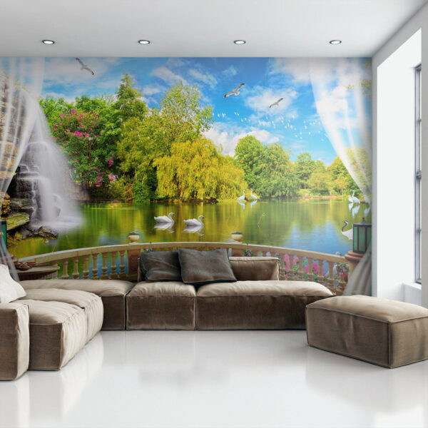 View of a pond with birds and trees View of a pond with birds and trees