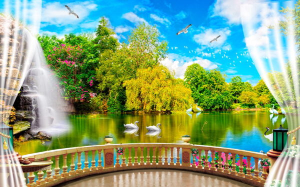 View of a pond with birds and trees View of a pond with birds and trees