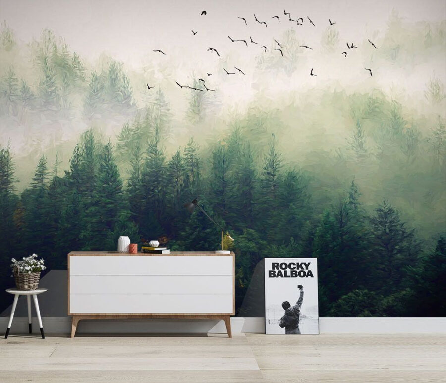 Wall murals Birds flying over a forest