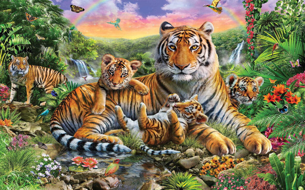 Group of tigers lying in a river Group of tigers lying in a river