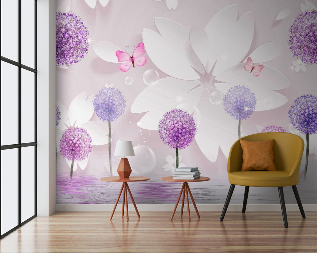 Purple and white flowers with butterflies