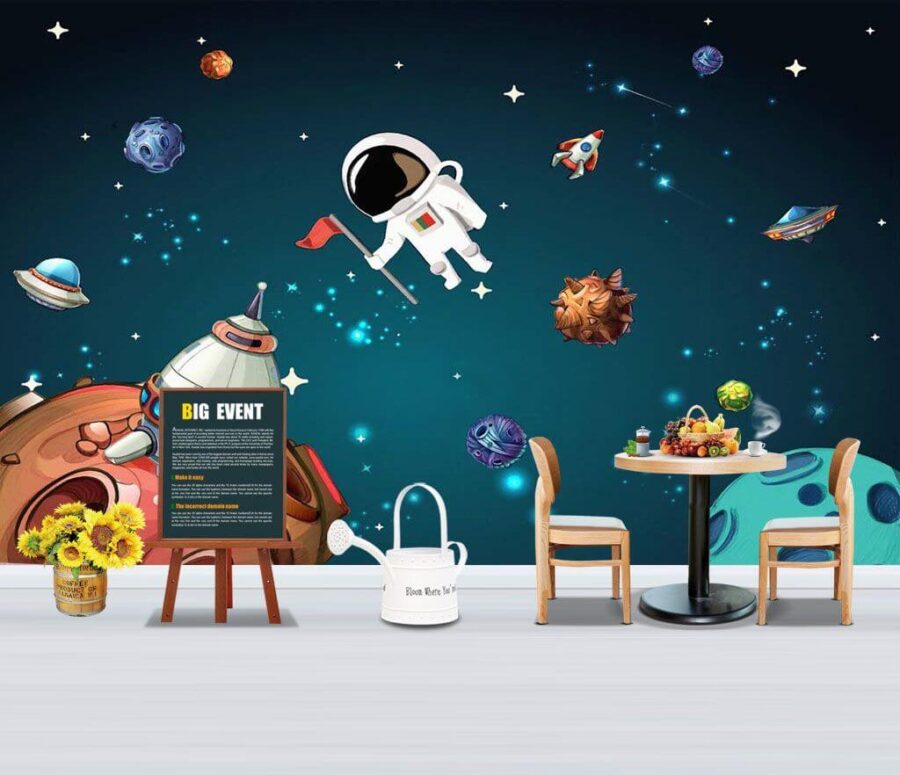 Cartoon space scene with planets and stars