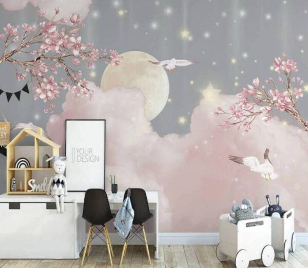Moon and clouds with birds and stars Moon and clouds with birds and stars