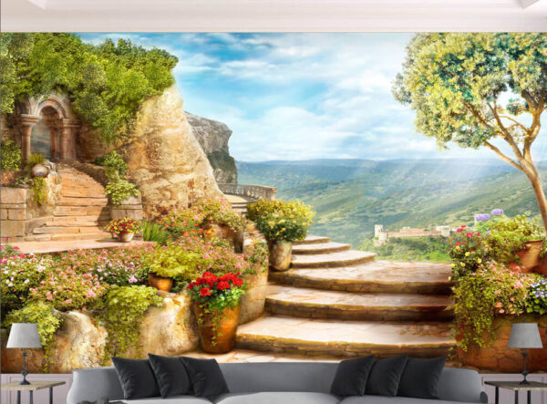 Stone stairs with plants and trees on the side Stone stairs with plants and trees on the side