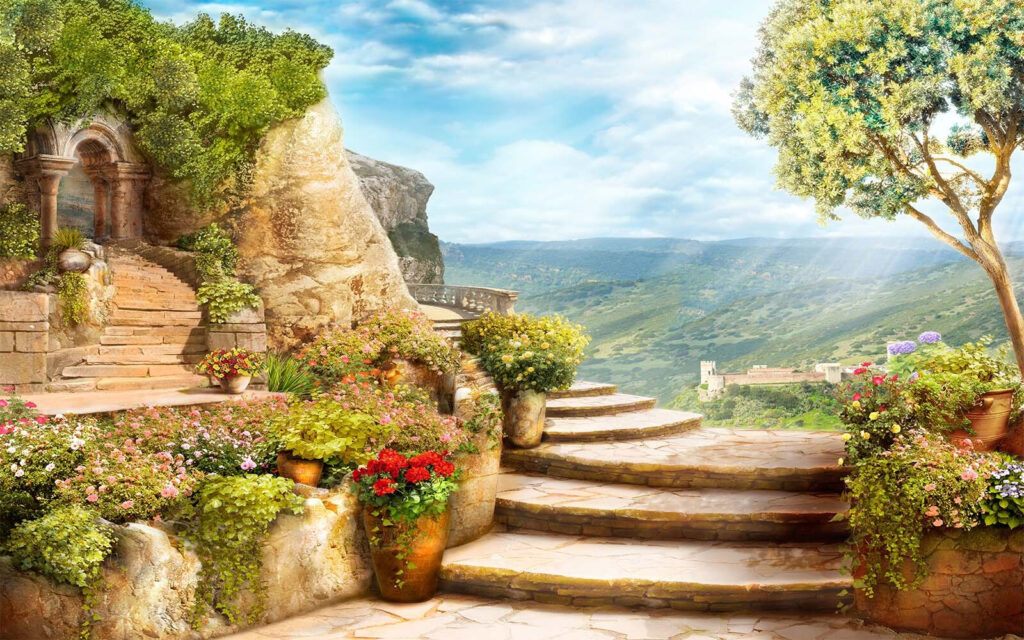 Stone stairs with plants and trees on the side Stone stairs with plants and trees on the side