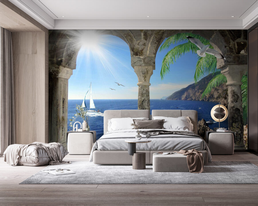 View of the ocean from a stone archway