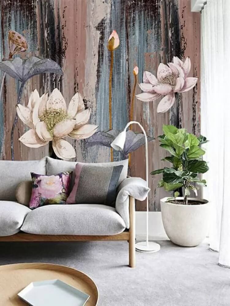 Painting of flowers on a wood surface