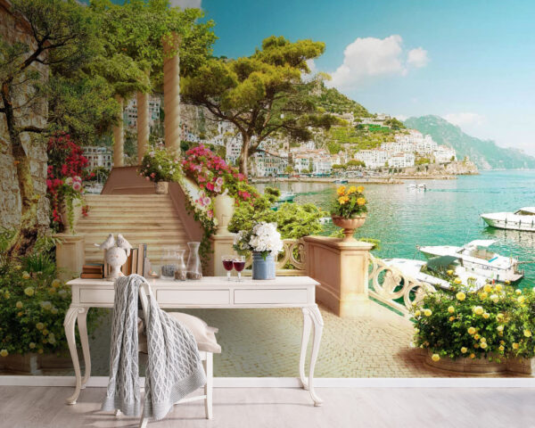 Stone staircase with flowers and trees on the side of the water Stone staircase with flowers and trees on the side of the water