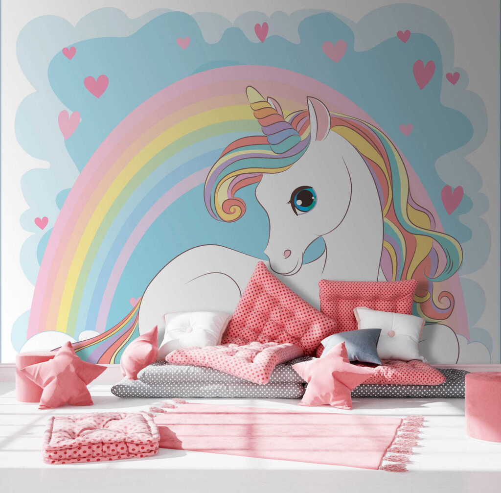 Unicorn sitting on a cloud with rainbow and hearts Unicorn sitting on a cloud with rainbow and hearts