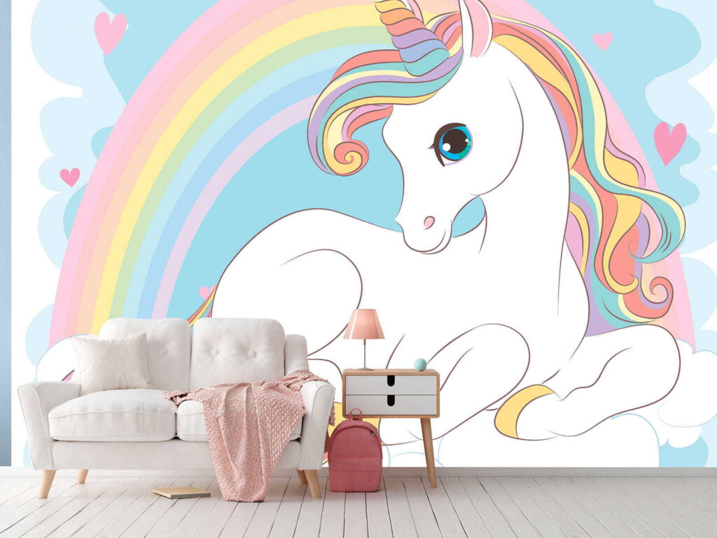Unicorn sitting on a cloud with rainbow and hearts Unicorn sitting on a cloud with rainbow and hearts