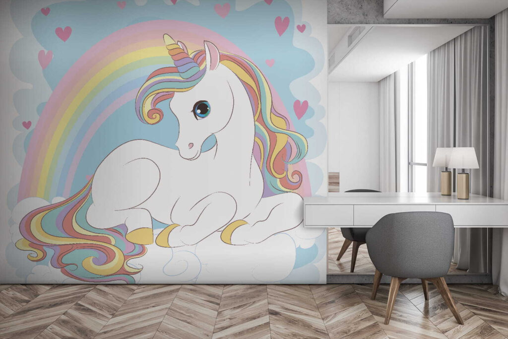 Unicorn sitting on a cloud with rainbow and hearts Unicorn sitting on a cloud with rainbow and hearts
