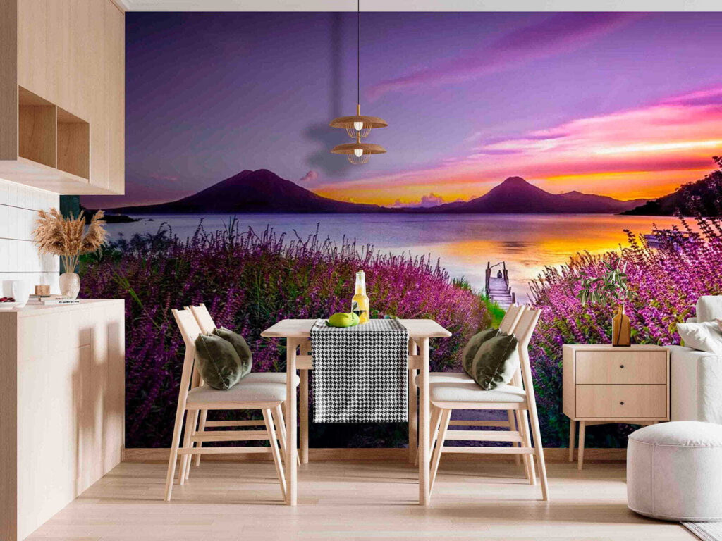 Path leading to a lake with purple flowers