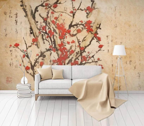 Wall murals Painting of a tree with red flowers (SKU: u10425) Wall murals Wall murals Painting of a tree with red flowers (SKU: u10425)