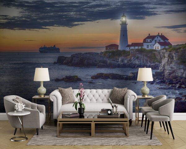 Lighthouse on a rocky shore with a cruise ship in the background Lighthouse on a rocky shore with a cruise ship in the background