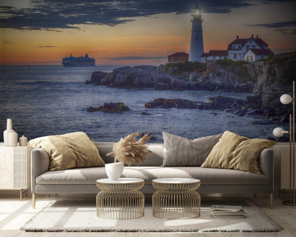 Lighthouse on a rocky shore with a cruise ship in the background Lighthouse on a rocky shore with a cruise ship in the background