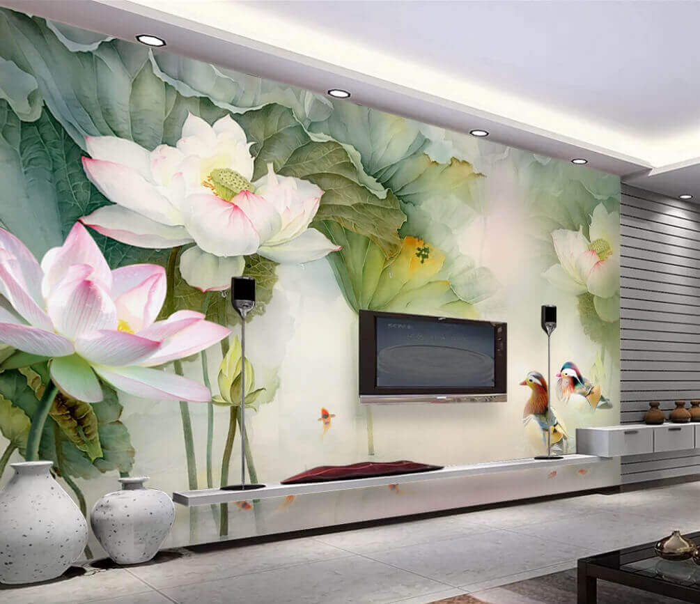 u10109pig1m - Painting of a duck swimming in a pond with flowers - tegory