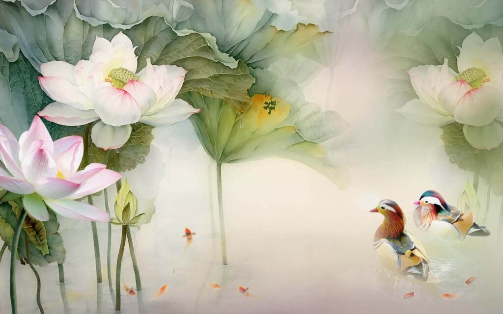Painting of a duck swimming in a pond with flowers Painting of a duck swimming in a pond with flowers
